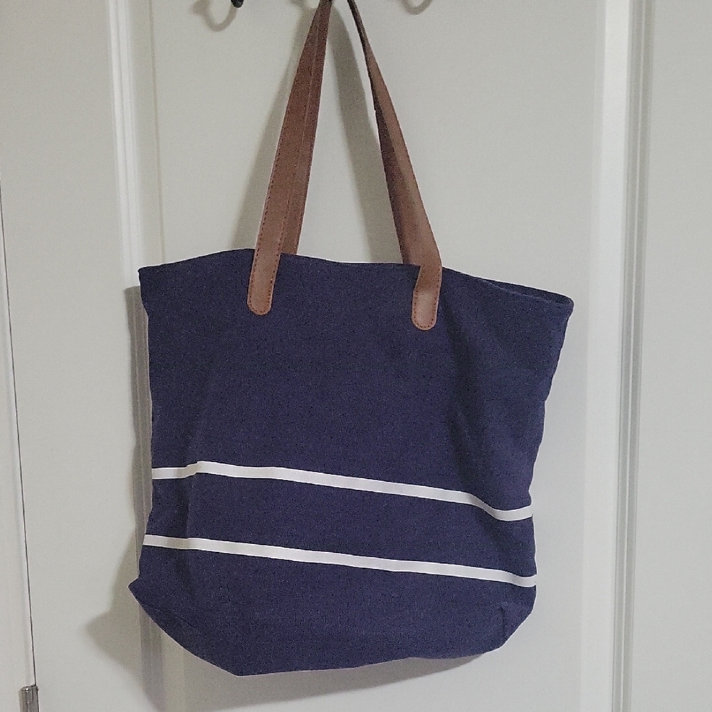 Navy Blue Tote Bag with Brown Straps